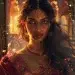 Close-up portrait of Draupadi from the Mahabharata, radiant ancient Indian queen with deep brown skin, long flowing black hair, expressive dark eyes, wearing rich red and gold silk sari, intricate gold jewellery, subtle flame glow around her silhouette