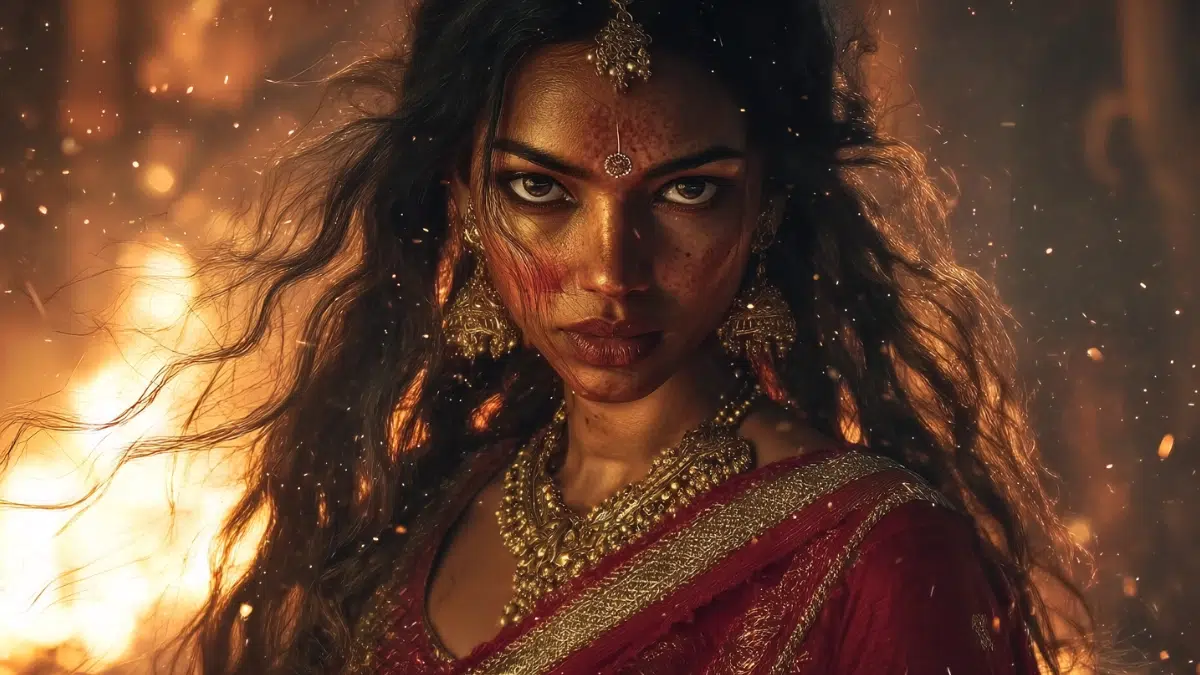 Draupadi inspired by the Mahabharata, powerful ancient Indian queen with deep warm brown skin, long flowing dark hair moving in a heated wind, glowing embers drifting through the air, wearing a rich crimson and deep gold silk sari with intricate embroidery, layered antique gold jewellery