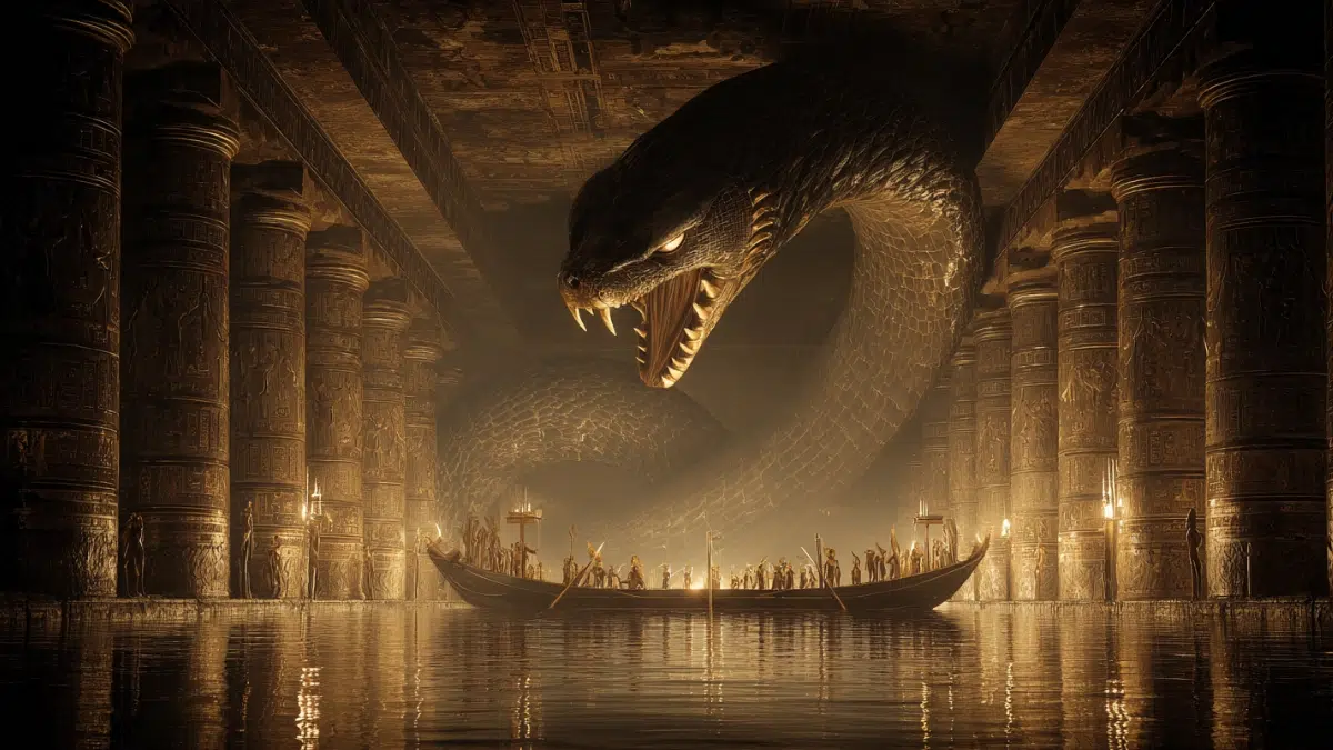 Egyptian mythology scene of Apep (Apophis), a colossal dark serpent rising from the shadows of the underworld