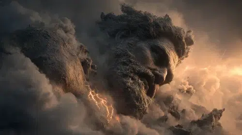 Enceladus, colossal giant from Greek mythology, rising in fury during the Gigantomachy, enormous muscular giant with wild hair and beard, partially buried beneath a massive mountain yet still struggling to rise
