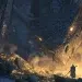 Norse mythology scene of Fafnir the dragon guarding cursed treasure in a cave