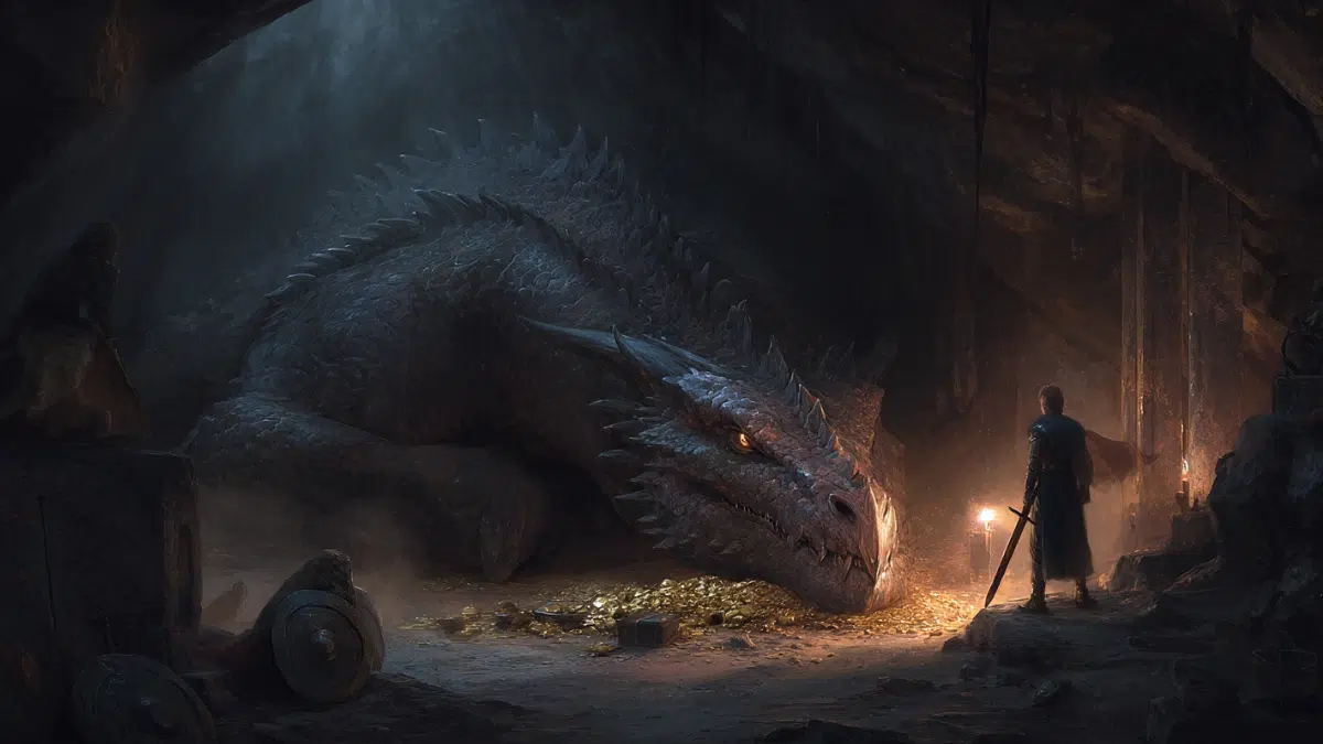 Norse mythology scene of Fafnir the dragon guarding cursed treasure, a massive dark dragon with glowing eyes and scarred scales coiled around a hoard of gold and ancient runic treasure inside a rocky Nordic cavern