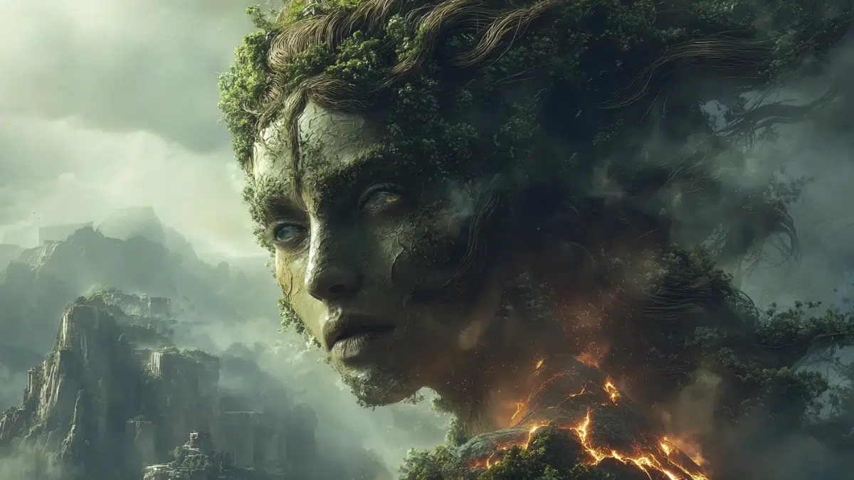 Gaia the primordial earth goddess rising from the land in fury after the defeat of the Titans, a powerful ancient goddess emerging from mountains and forests, her long hair flowing like roots and vines
