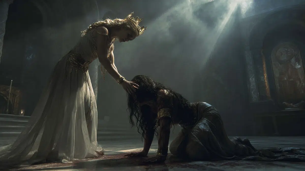 Hera unleashing a divine curse upon Lamia, Hera radiant and wrathful with glowing divine power, Lamia falling to her knees in agony as dark magic surrounds her