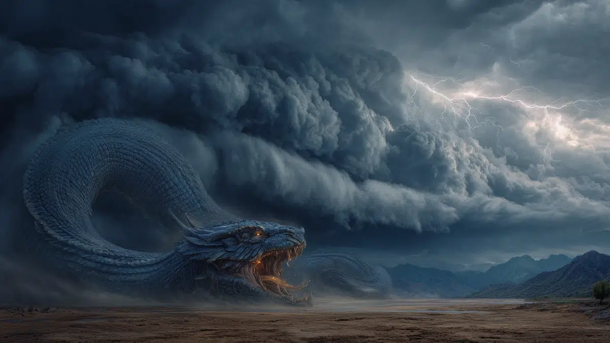 Hindu mythology scene of Vritra, a colossal serpent dragon coiled around mountains and dark storm clouds, its massive body blocking great rivers and trapping the waters of the world behind it