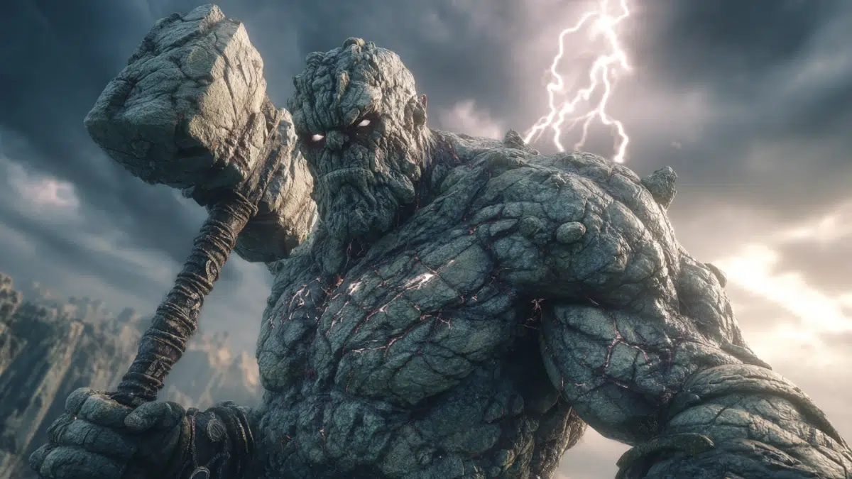 Hrungnir, legendary stone giant from Norse mythology, enormous towering giant with a body partly made of jagged rock and stone