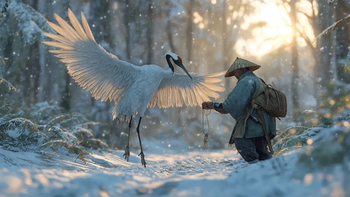 A poor Japanese villager freeing a white crane caught in a hunter’s trap in a snowy forest, the graceful crane spreading its wings as the man gently removes the snare, winter landscape with falling snow