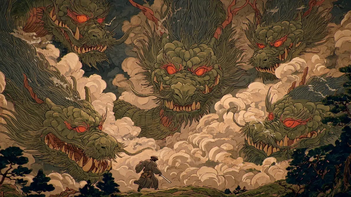 Japanese mythology scene of Yamata no Orochi, a colossal serpent with eight terrifying heads and eight long tails, each head with glowing eyes and sharp fangs, its massive body stretching across valleys and hills