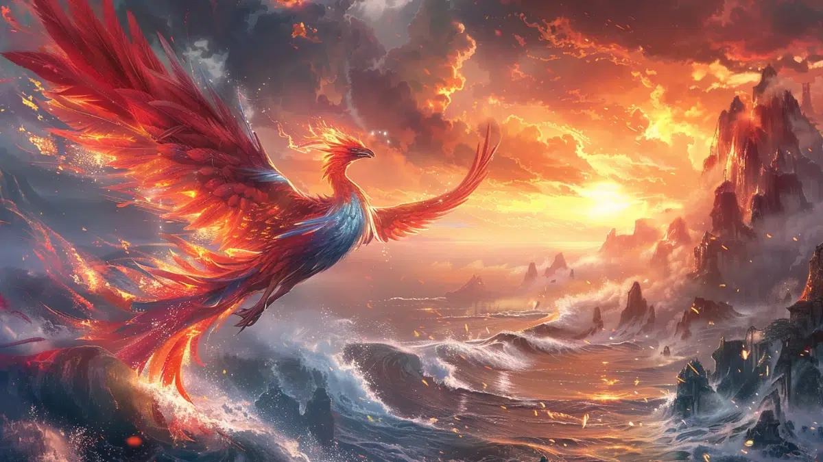 close up of Jingwei the mythical bird from Chinese mythology, vibrant red and blue feathers flying determinedly above crashing ocean waves