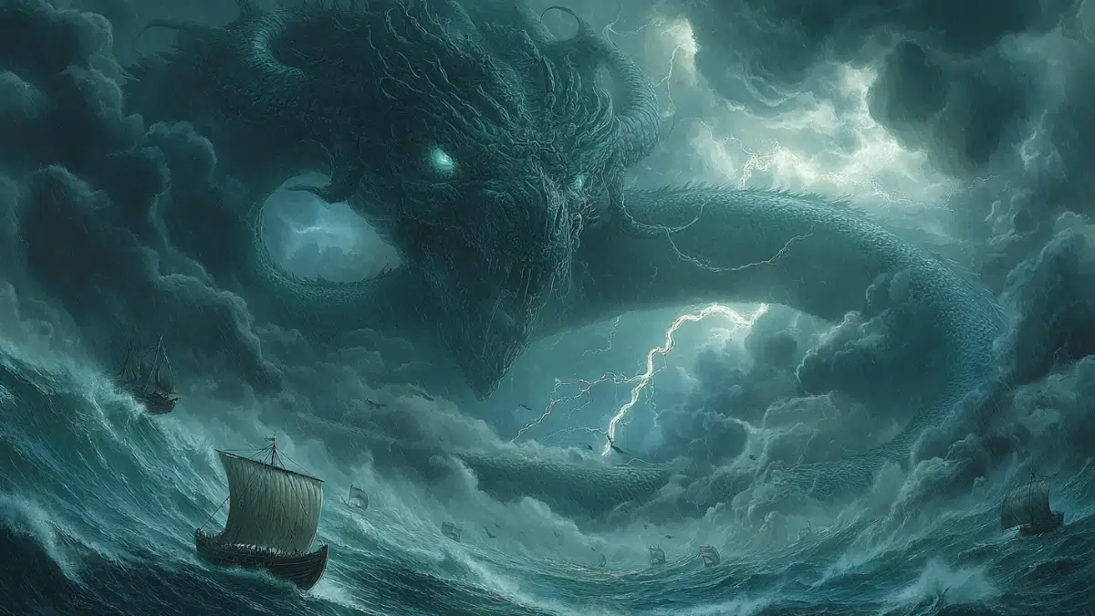 Epic Norse mythology scene of Jörmungandr the World Serpent, a colossal sea serpent coiling around the earth