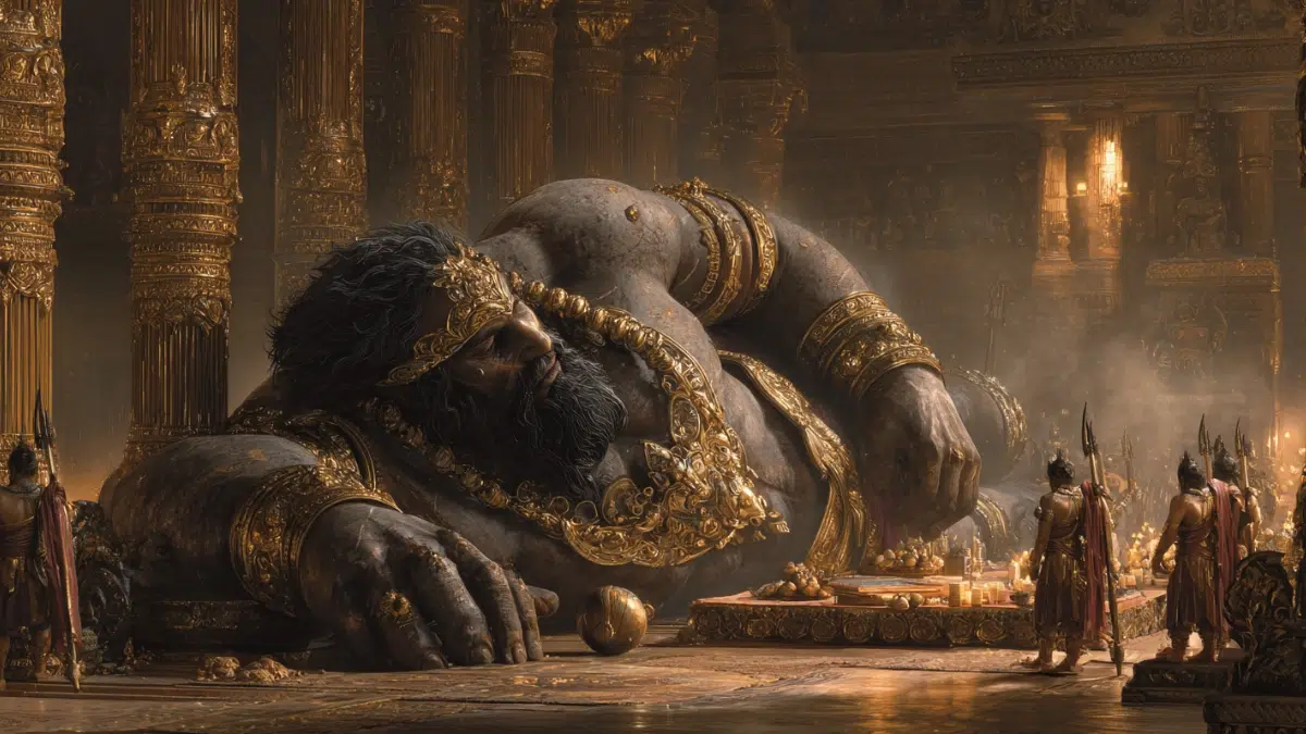 Kumbhakarna from the Ramayana, enormous sleeping giant lying inside a vast palace hall in the kingdom of Lanka, colossal muscular figure with long dark hair and beard, massive body covered in ancient warrior armor and ornaments