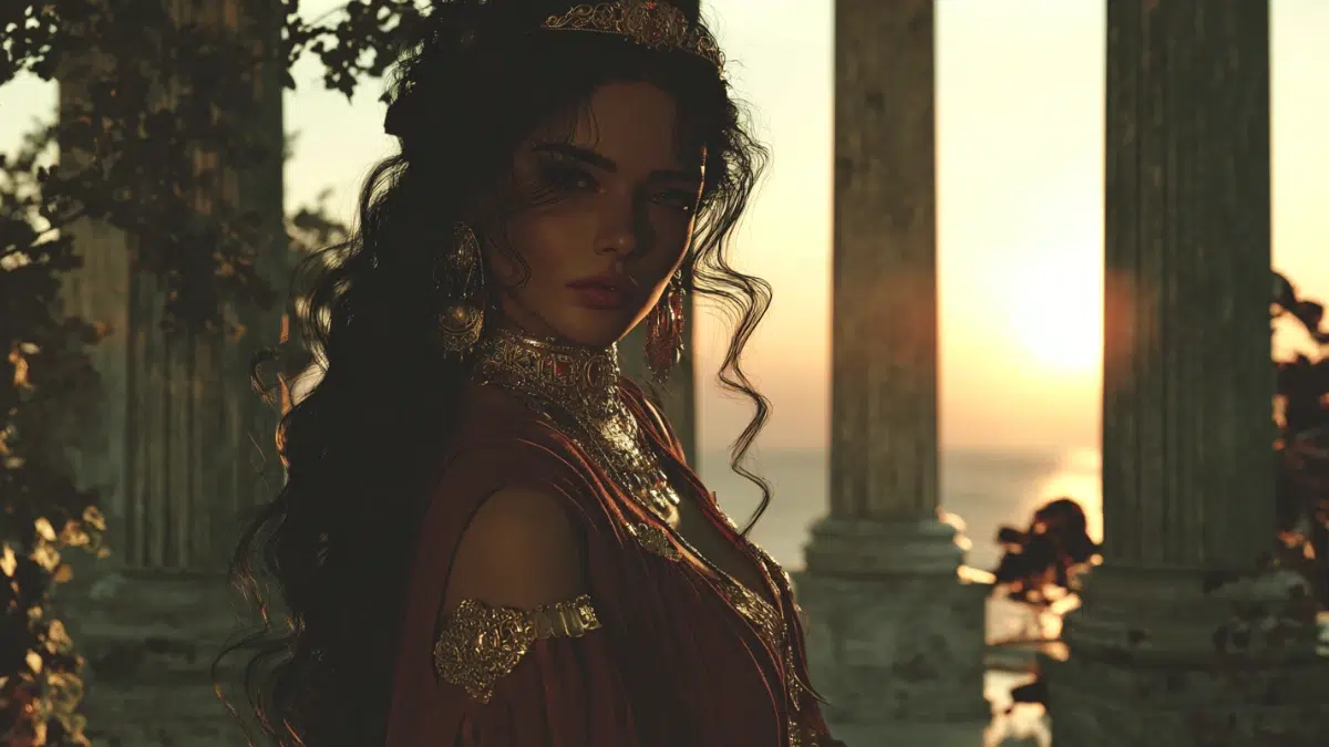 Lamia as a legendary queen of Libya before her curse, strikingly beautiful woman with long dark flowing hair and radiant golden skin