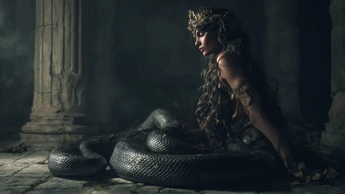 Lamia, serpent woman of Greek mythology, upper body of a beautiful queen with long dark hair and pale glowing skin, lower body of a massive coiled serpent covered in dark scales