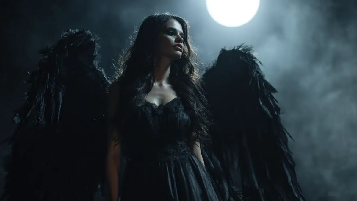 Lilith from Jewish folklore, hauntingly beautiful woman with long flowing dark hair and pale luminous skin, large dark feathered wings spread behind her, glowing mysterious eyes, standing in deep night shadows under a dim moon