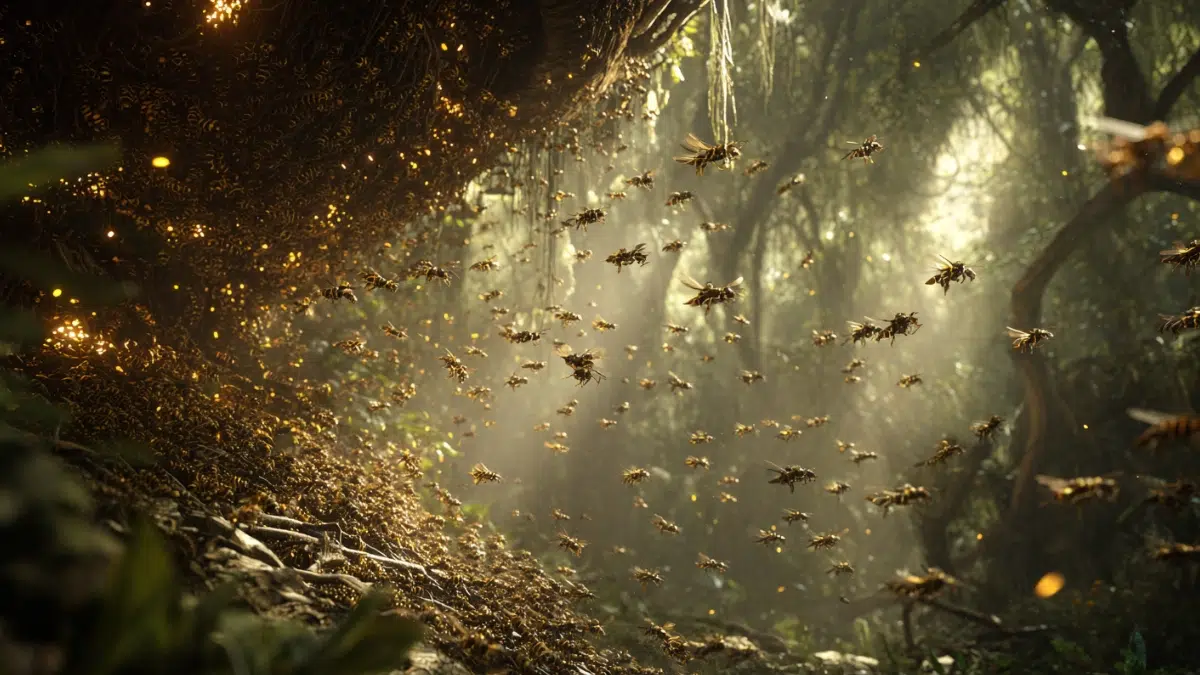Mmoboro, the deadly swarm of hornets from the Anansi legend in Akan mythology, thousands of hornets swirling in a dark cloud around a large nest hanging from a tree branch
