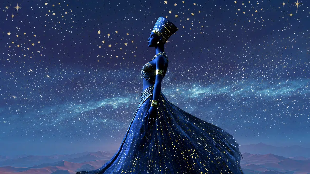 Nut, Egyptian sky goddess, was typically depicted as a tall, slender woman, her body forming the sky itself. Her skin was often deep blue or black, symbolizing the night sky, and covered with golden stars