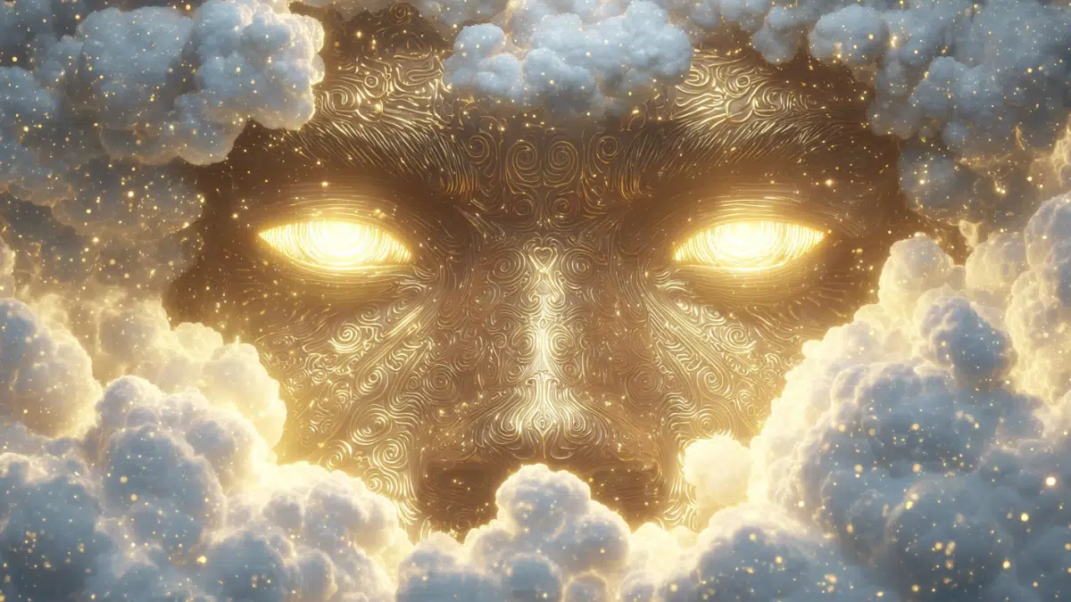 Close up portrait of Nyame the sky god from Akan mythology, majestic face formed from glowing sunlight and swirling clouds, golden energy radiating around his head