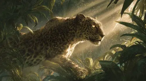 Osebo the fierce leopard from Akan mythology prowling through a dense West African forest, powerful muscular leopard with golden spotted fur and glowing eyes, moving silently through thick jungle