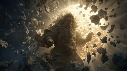 Pangu, the primordial giant of Chinese mythology, bursting out of a massive cosmic egg at the beginning of the universe, colossal ancient giant with long flowing hair and beard