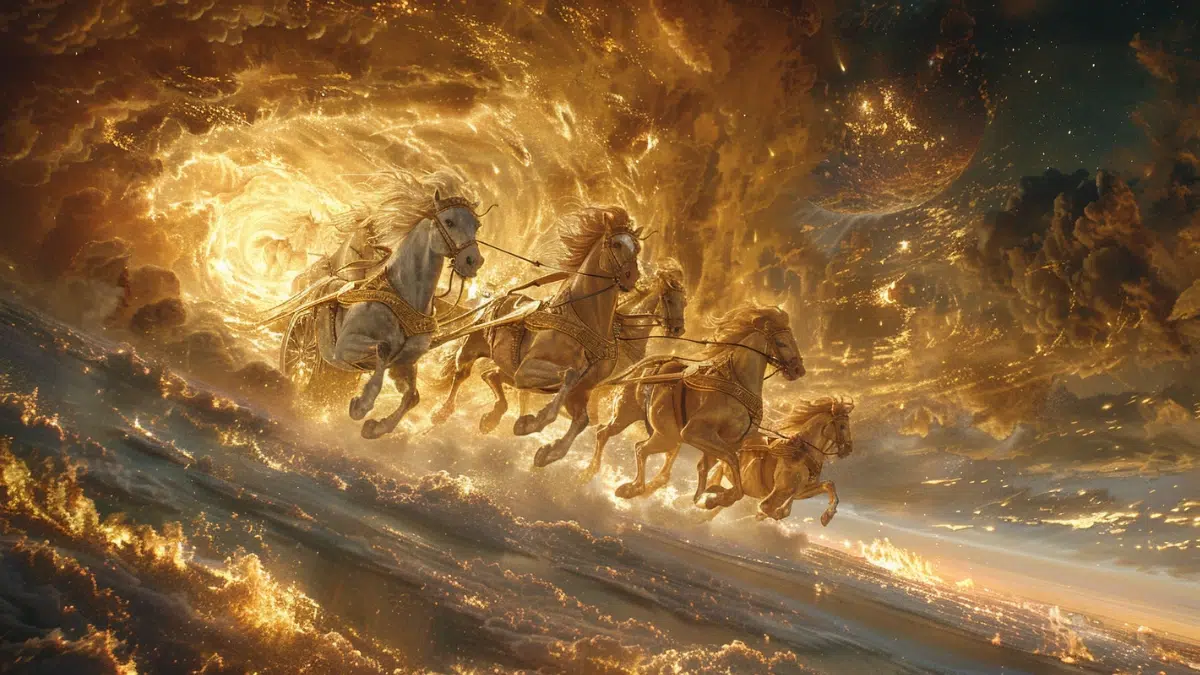 Phaethon, young son of Helios, struggling to control the blazing chariot of the sun racing across the sky