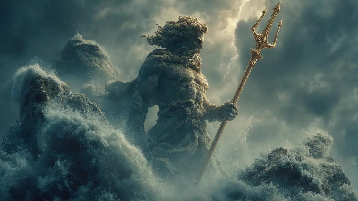 Poseidon, powerful god of the sea in Greek mythology, towering and majestic with long flowing beard and wild sea tangled hair, muscular divine figure holding a glowing golden trident, standing on jagged ocean rocks as massive waves crash around him