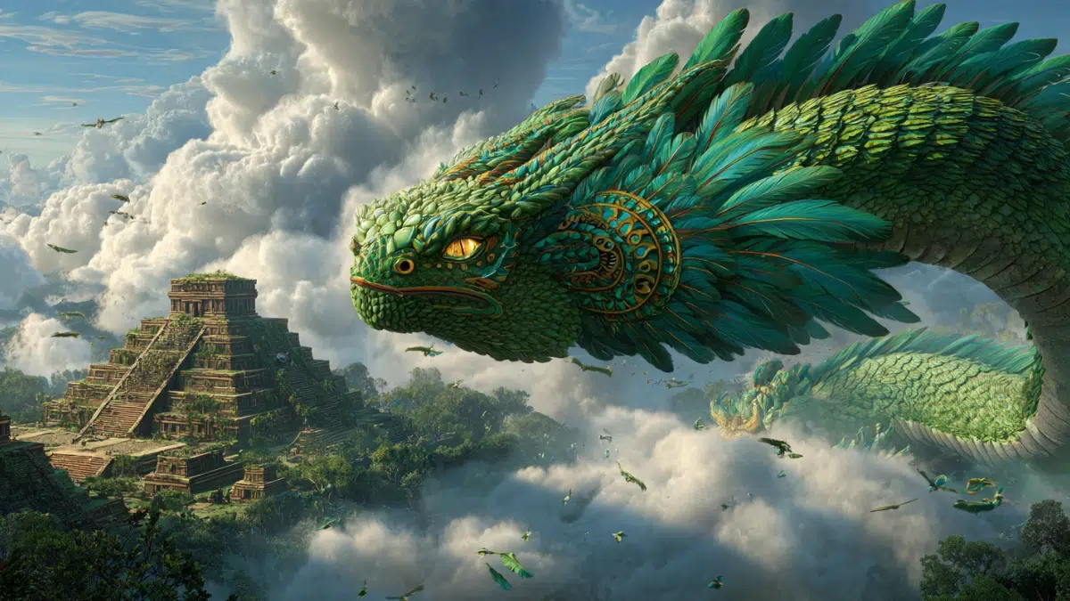 Quetzalcoatl, the feathered serpent god, a majestic serpent covered in brilliant green and emerald feathers like the sacred quetzal bird, long serpent body flowing through the sky on powerful winds, glowing golden eyes