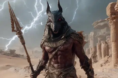 Set stands tall in a raging desert storm, facing forward with fierce power. He has the iconic Set-animal head long curved snout, tall ears