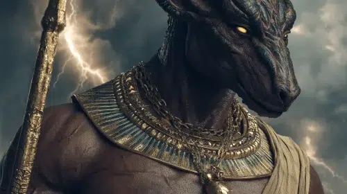 Close-up portrait of Set Egyptian God, upper body and head filling the frame, muscular Egyptian male figure with deep bronze skin head of the Set animal with long curved snout and tall square ears, intense glowing eyes