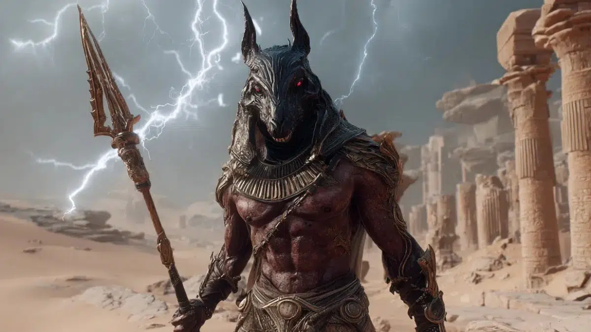 Set stands tall in a raging desert storm, facing forward with fierce power. He has the iconic Set-animal head long curved snout, tall ears