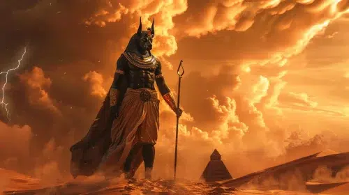 Set Egyptian God standing in the red desert at sunset, tall powerful male figure with dark bronze skin, wearing ancient Egyptian linen kilt and gold collar, holding a was scepter, head of the mysterious Set animal
