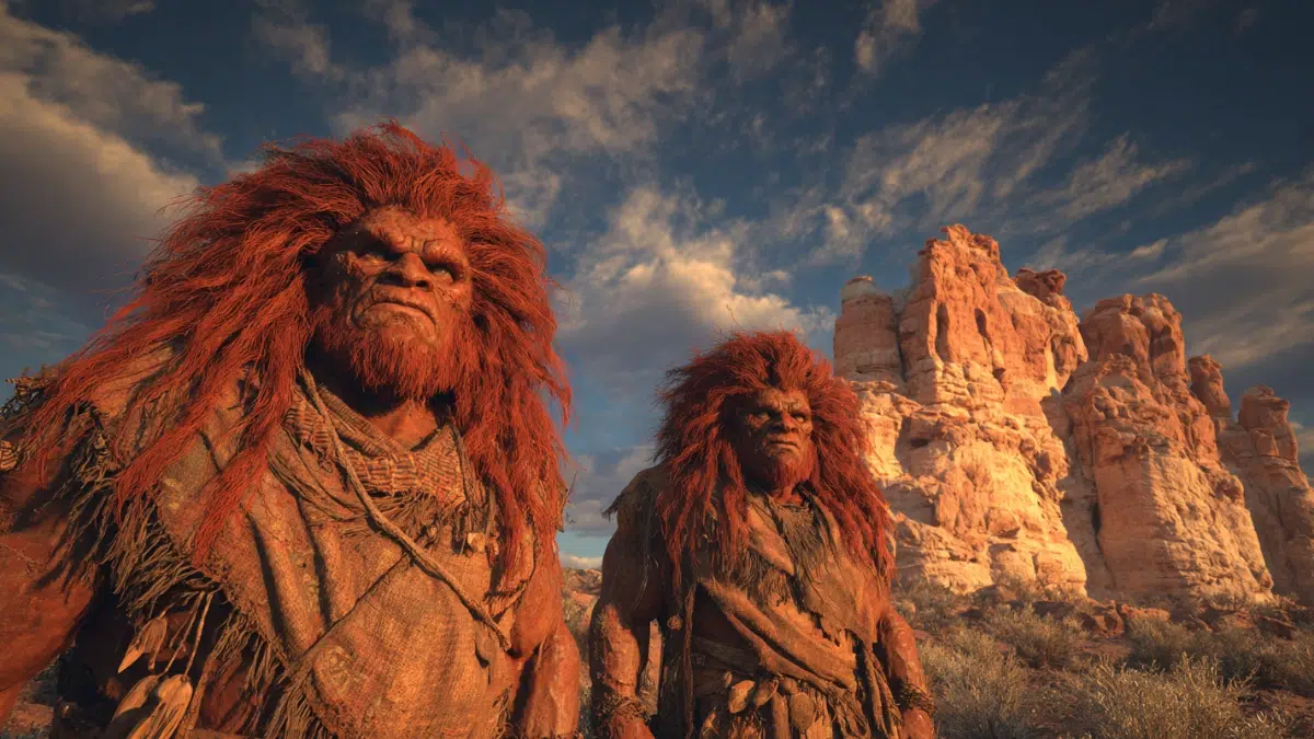 Si-Te-Cah from Paiute legend, towering red haired giants standing in the desert landscape of ancient Nevada, enormous powerful figures with long wild red hair and rugged features