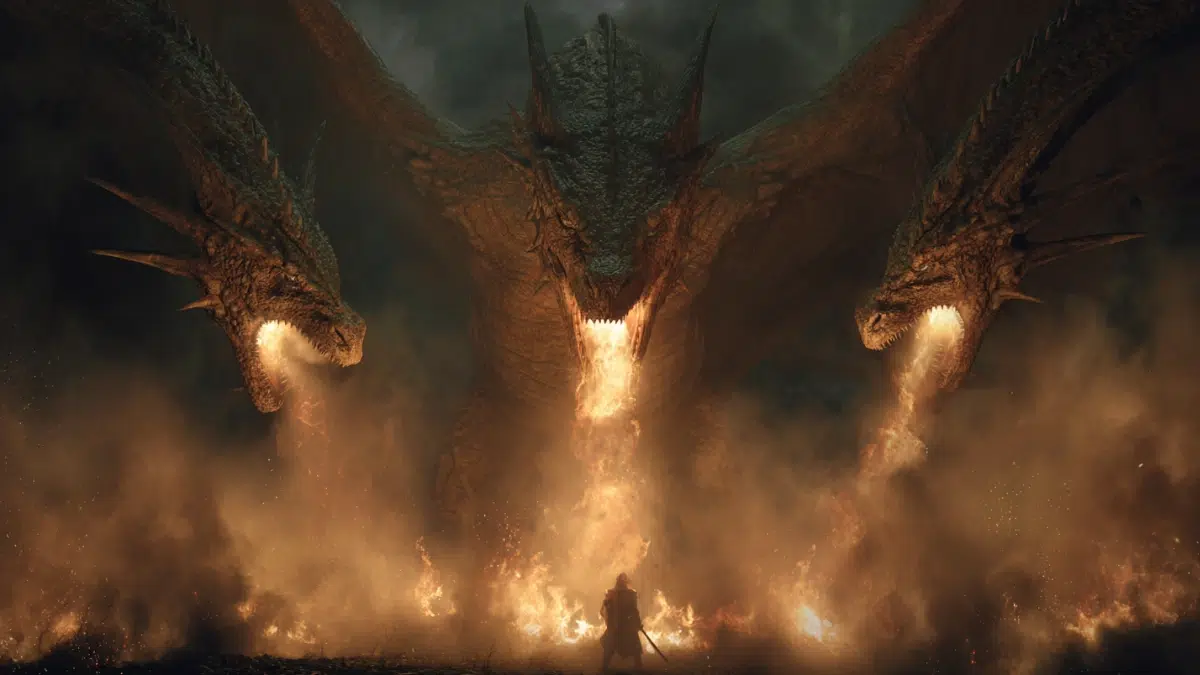 Slavic mythology scene of Zmey Gorynych, a terrifying three headed fire breathing dragon, massive scaled body rising from a dark forest and rocky mountains, each head roaring with flames pouring from its jaws