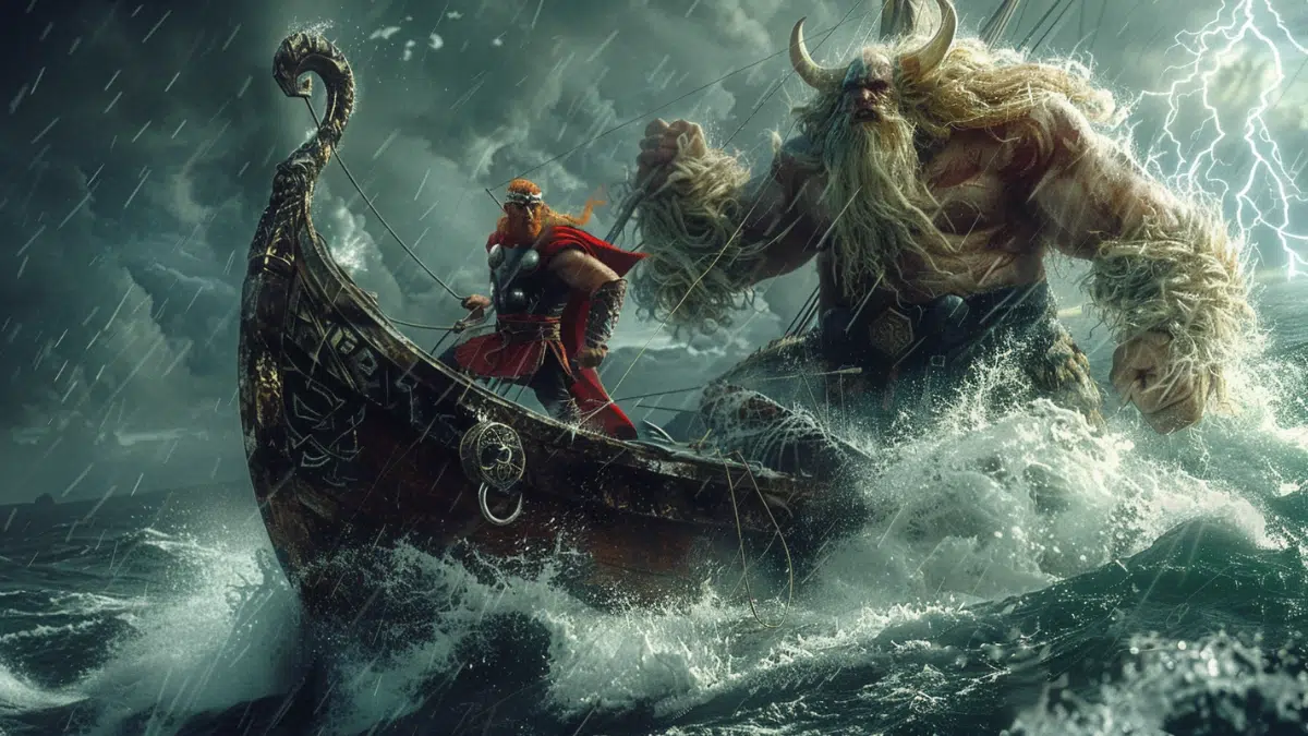 Thor and the giant Hymir in a small Viking fishing boat on a stormy northern sea, close dramatic scene