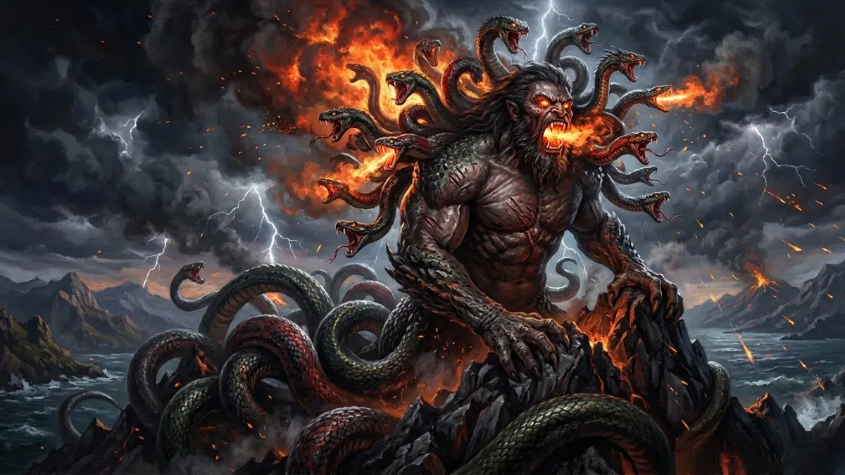 Typhon from Greek mythology rising from the earth, a massive creature with a human upper body and serpent legs coiling across the mountains, from his shoulders rise many dragon heads breathing fire, his eyes flash with flames