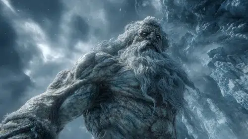 Ymir, the primordial frost giant of Norse mythology, massive muscular giant with ice covered skin and long wild beard