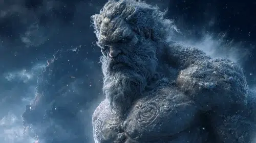 Ymir, the primordial frost giant of Norse mythology, massive muscular giant with ice covered skin and long wild beard