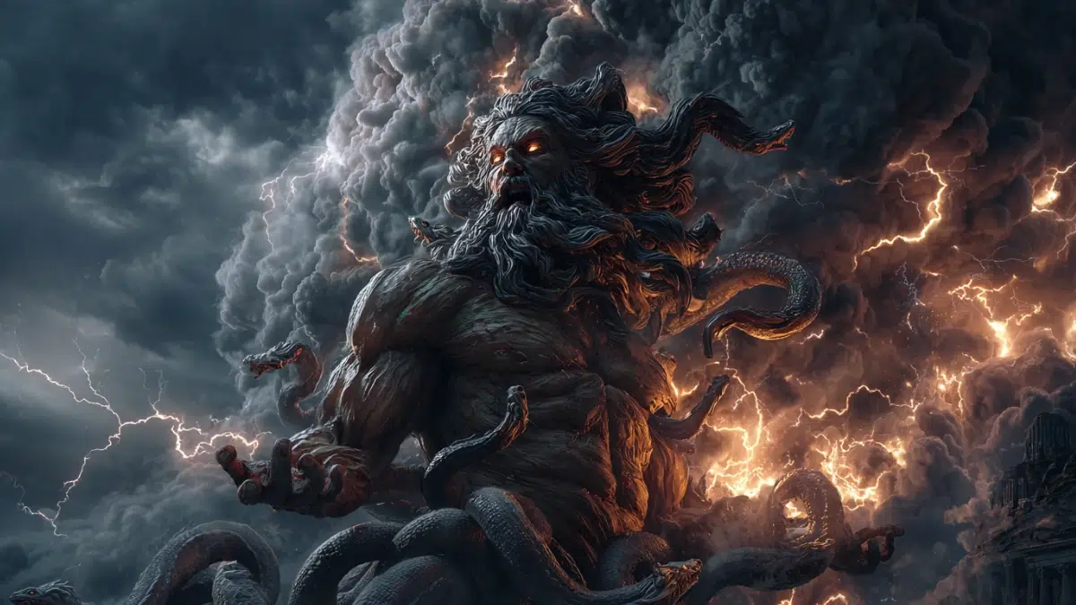 Zeus confronting Typhon in an epic mythological battle, Typhon towering over the mountains with a human upper body and serpent legs twisting across the land