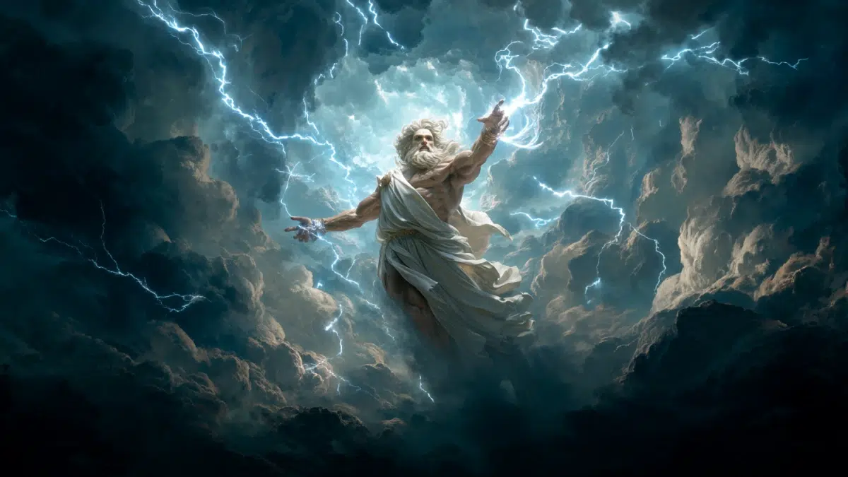 Zeus, king of the Greek gods, standing among dark storm clouds above Mount Olympus, muscular bearded god with flowing hair and white robes, hurling dozens of blazing thunderbolts across the sky