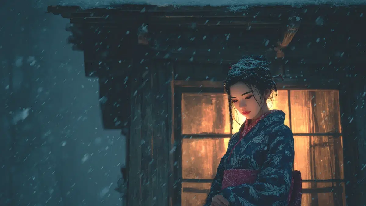 A mysterious young woman in traditional Japanese clothing standing outside a small wooden house during a snowy evening, soft lantern light glowing from inside the home, snow falling quietly around her