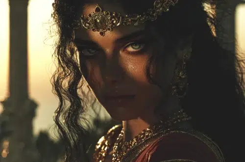 Close up portrait of Lamia, legendary queen of Libya before her curse, breathtaking beauty with long dark hair and glowing skin, regal expression and powerful presence, delicate gold crown and jewelry