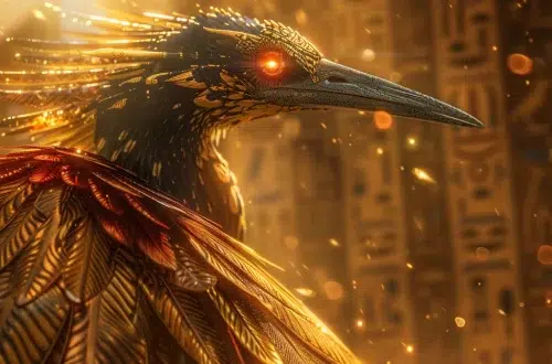 close up portrait of the Bennu bird from Egyptian mythology, elegant heron like bird with luminous gold and red feathers, glowing eyes