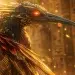 close up portrait of the Bennu bird from Egyptian mythology, elegant heron like bird with luminous gold and red feathers, glowing eyes