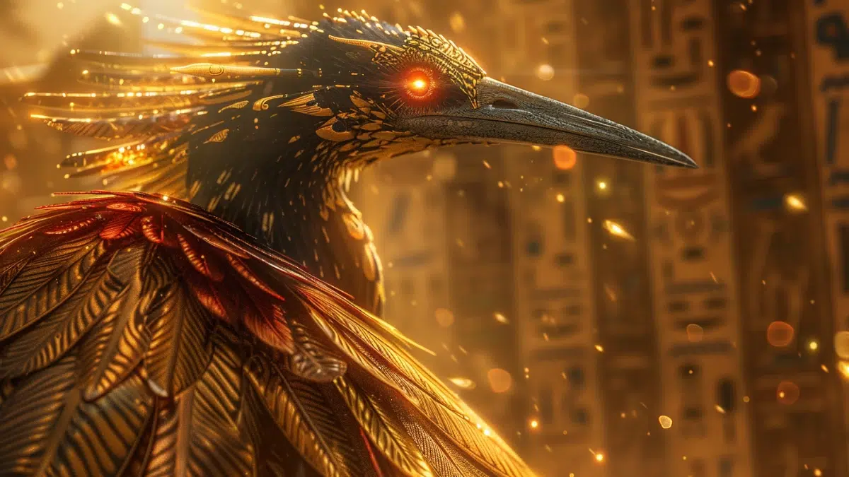 close up portrait of the Bennu bird from Egyptian mythology, elegant heron like bird with luminous gold and red feathers, glowing eyes