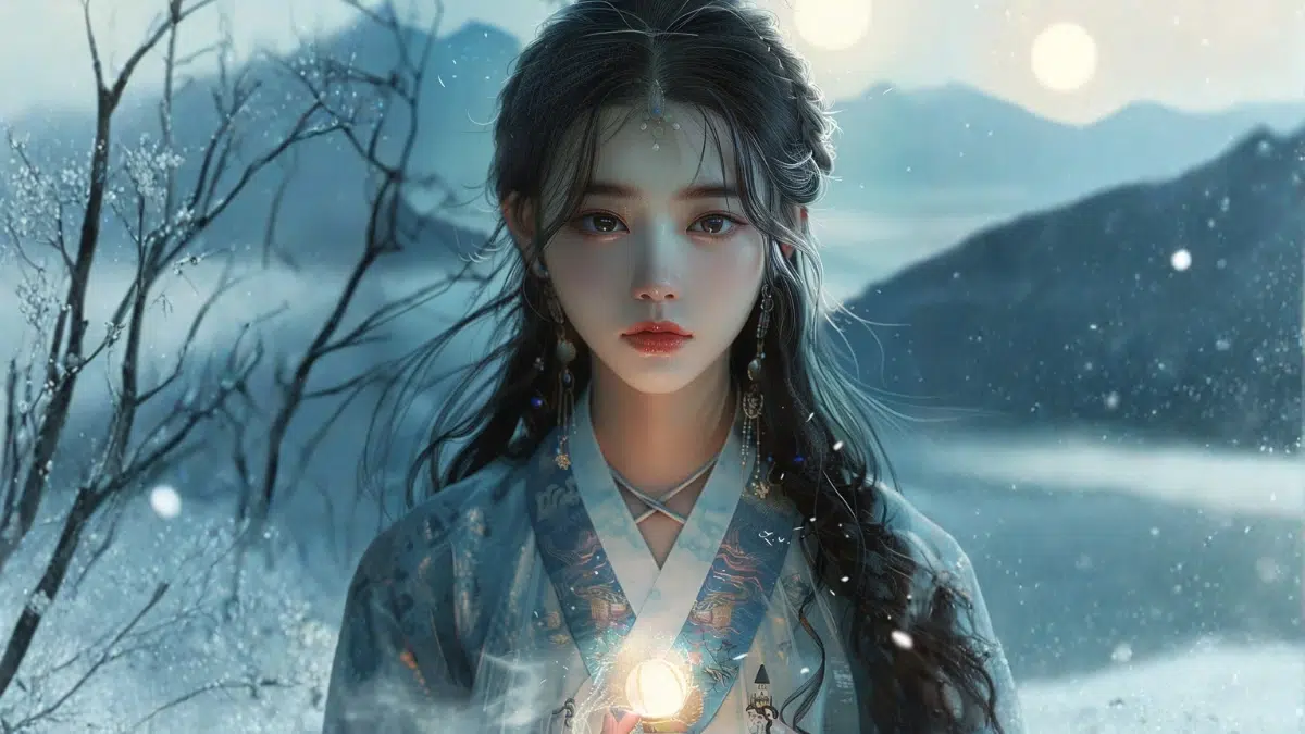 Princess Bari from Korean mythology, brave young princess with a calm but determined expression, wearing an elegant traditional Korean hanbok with royal embroidery, long dark hair flowing gently