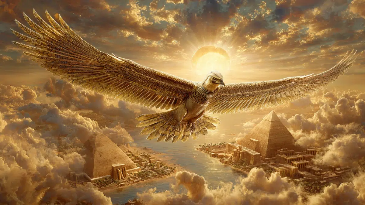 scene of the Bennu bird representing the soul of Ra, the majestic bird soaring across the sky above the Nile River, glowing sunlight surrounding its wings, ancient temples and pyramids visible below, the sun disk shining behind the bird
