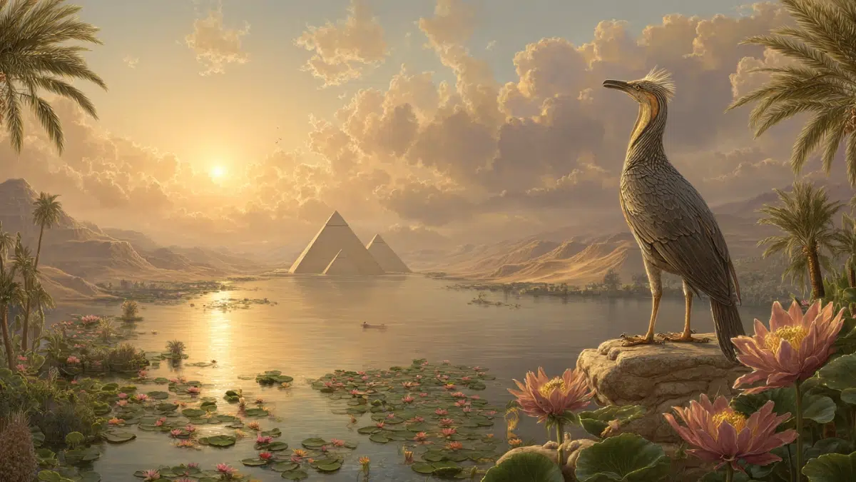 Egyptian mythology scene of the Bennu bird representing renewal and rebirth, the sacred bird perched on a stone overlooking the Nile at sunrise, lotus flowers blooming along the riverbank, golden light reflecting on the water, distant pyramids and desert mountains in the background