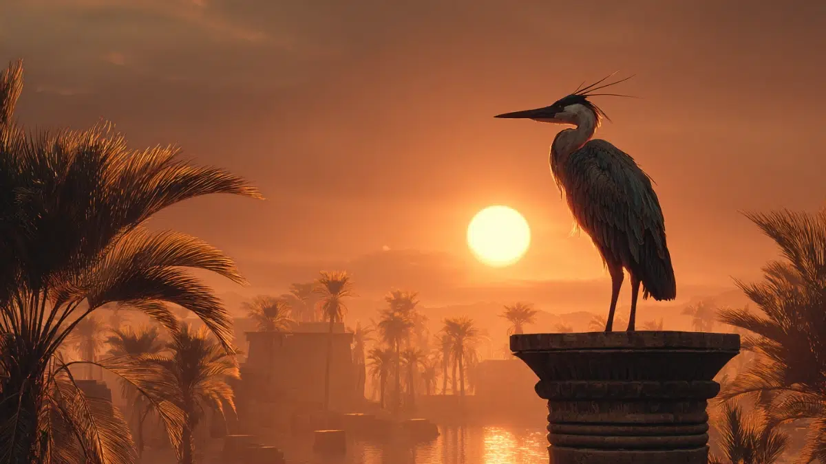 Egyptian mythology scene of the Bennu bird glowing in the light of the rising sun, large heron shaped bird with two long feathers on its head perched atop an ancient temple pillar in Heliopolis, golden sunlight spreading across the desert sky