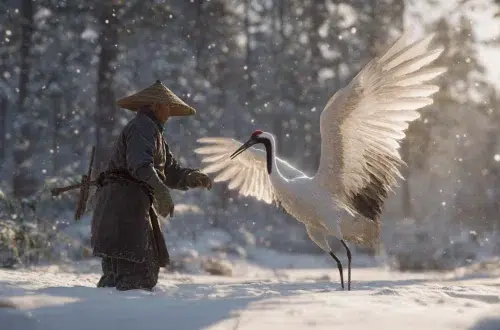 A poor Japanese villager freeing a white crane caught in a hunter’s trap in a snowy forest, the graceful crane spreading its wings as the man gently removes the snare