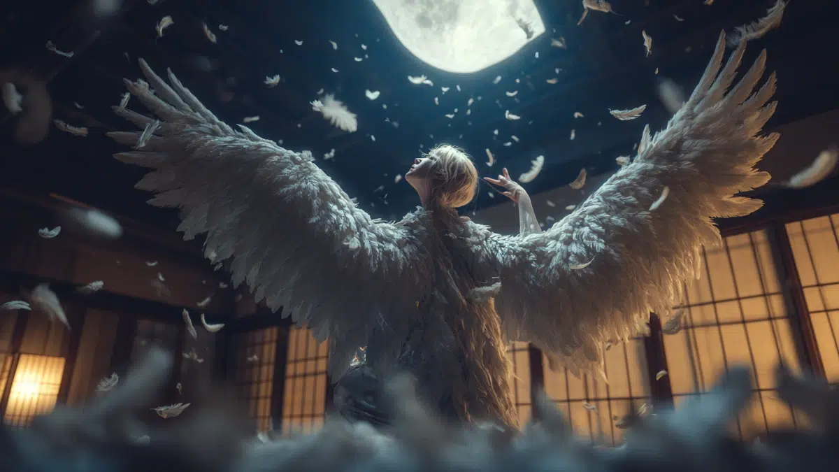 A magical transformation scene where a woman slowly becomes a white crane, feathers forming around her arms as wings spread wide, glowing moonlight shining through a traditional Japanese house