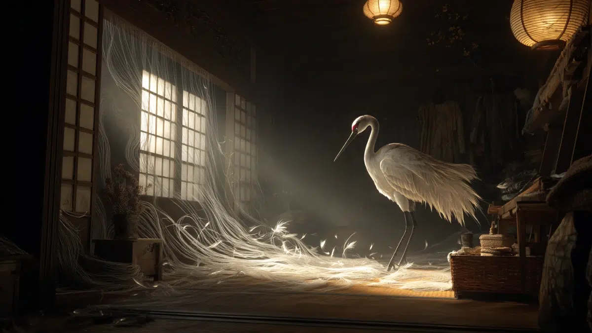 A white crane standing at a weaving loom inside a small Japanese house, the bird pulling out its own white feathers and weaving them into luminous cloth